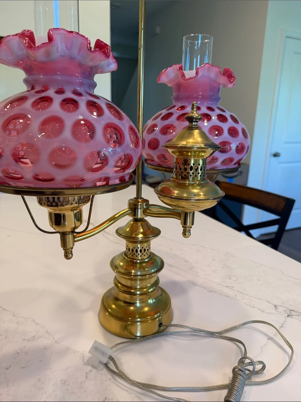 Vintage-Style Pink Fenton Double Oil Lamp with Brass Base